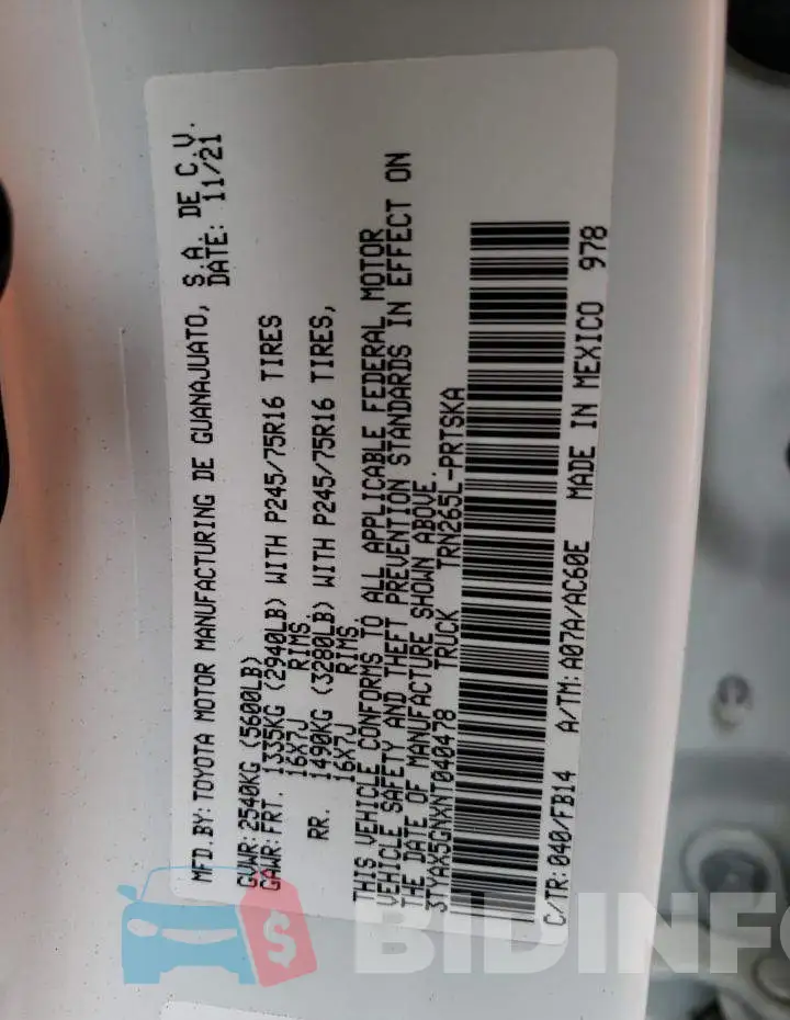 3TYAX5GNXNT040478 Photo# 12