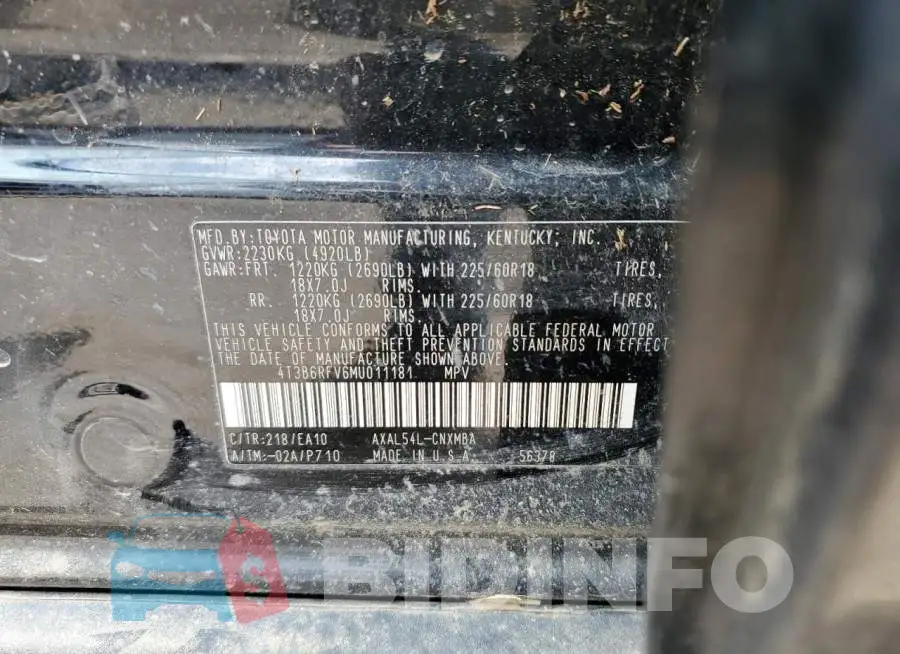 4T3B6RFV6MU011181 Photo# 13