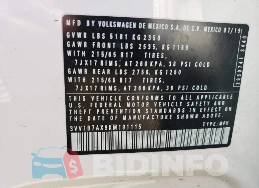 3VV1B7AX9KM191115 Photo# 13