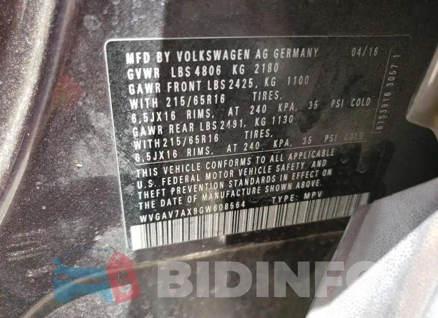 WVGAV7AX9GW608564 Photo# 13