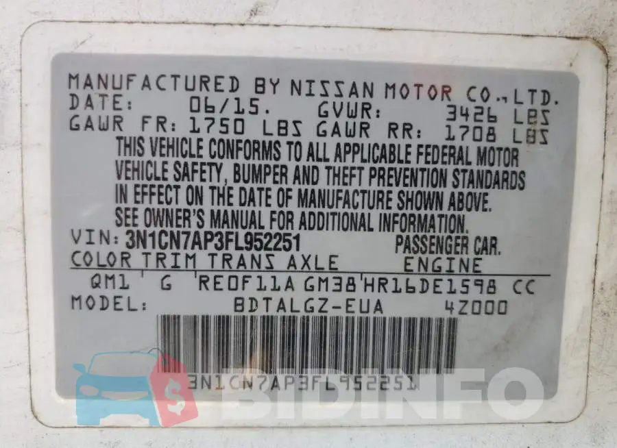 3N1CN7AP3FL952251 Photo# 13