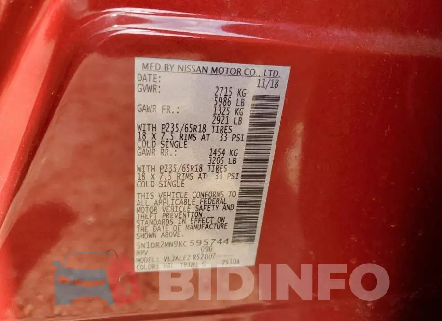5N1DR2MN9KC595744 Photo# 13
