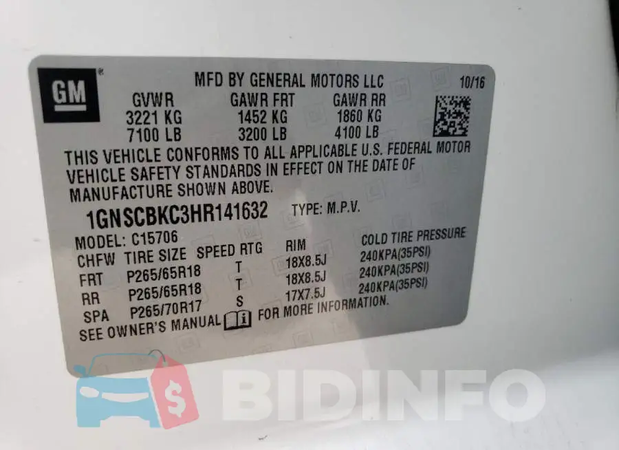 1GNSCBKC3HR141632 Photo# 13