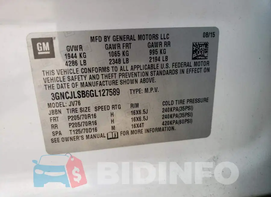 3GNCJLSB6GL127589 Photo# 12