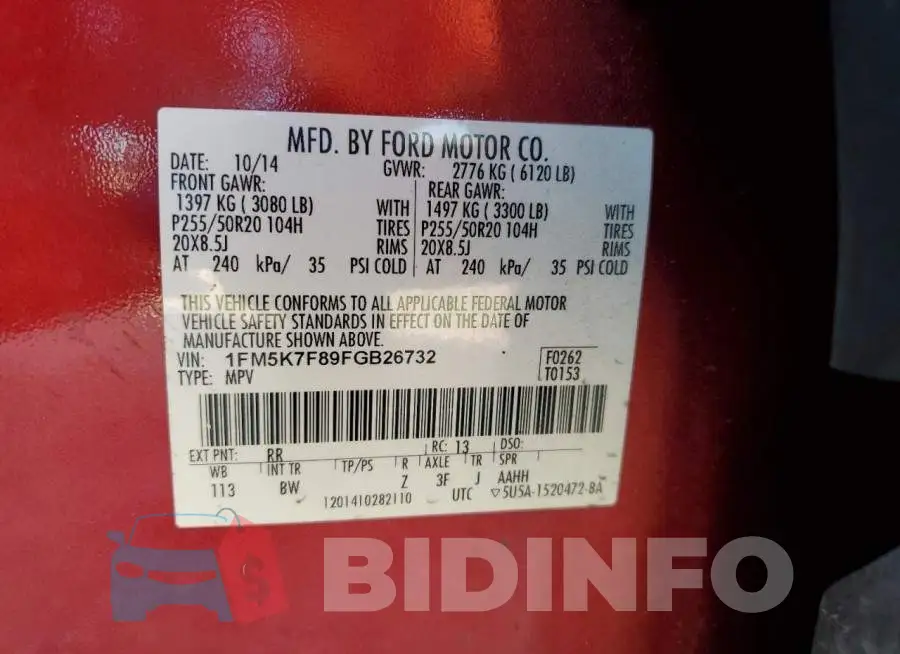 1FM5K7F89FGB26732 Photo# 14