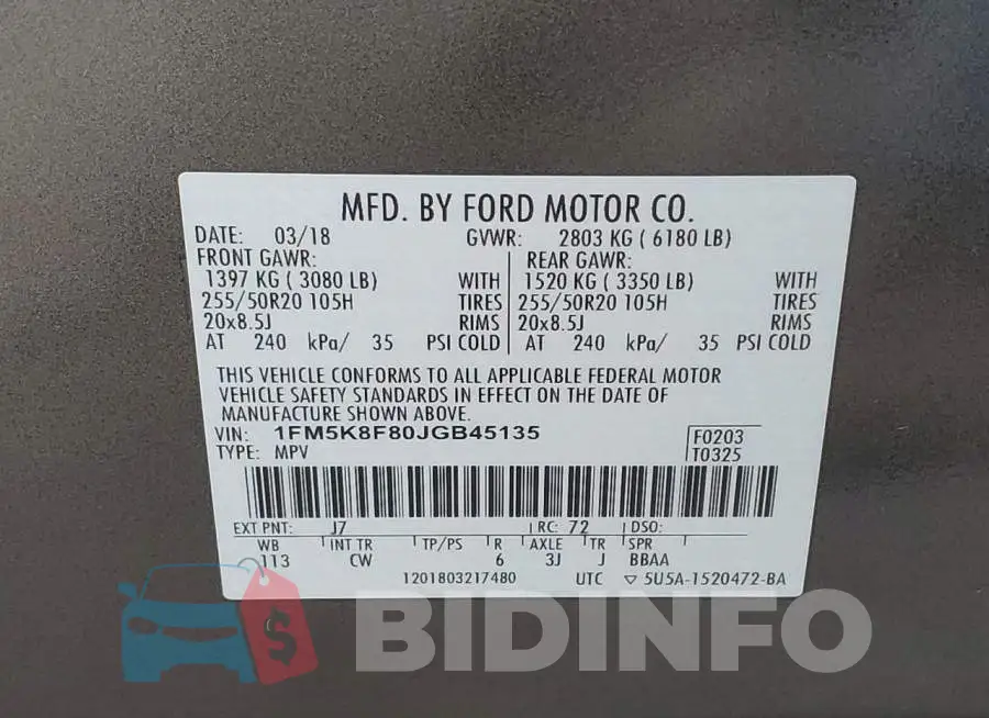 1FM5K8F80JGB45135 Photo# 13