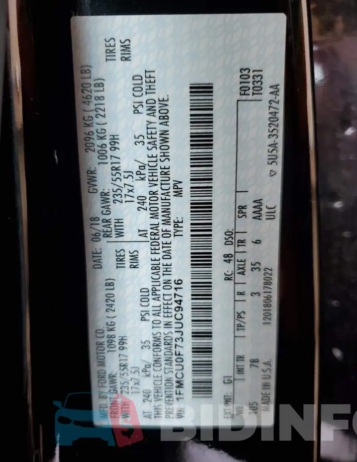 1FMCU0F73JUC94716 Photo# 12