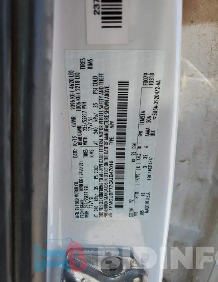 1FMCU0F77GUB47016 Photo# 13
