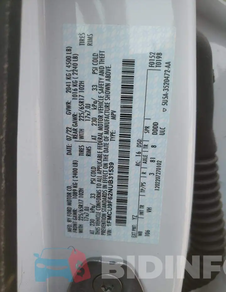 1FMCU9F62NUB31539 Photo# 12