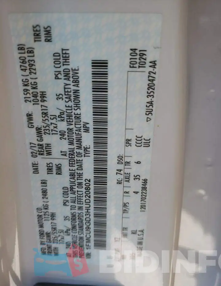 1FMCU9GD3HUD20802 Photo# 13