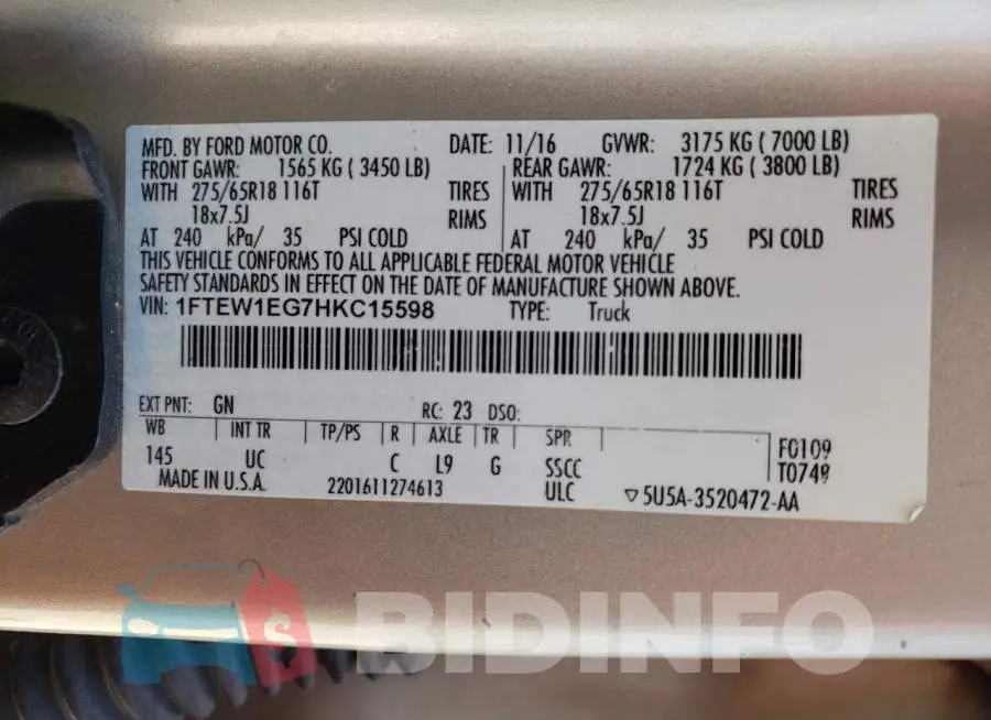 1FTEW1EG7HKC15598 Photo# 12