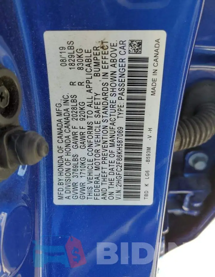 2HGFC2F86KH587069 Photo# 12