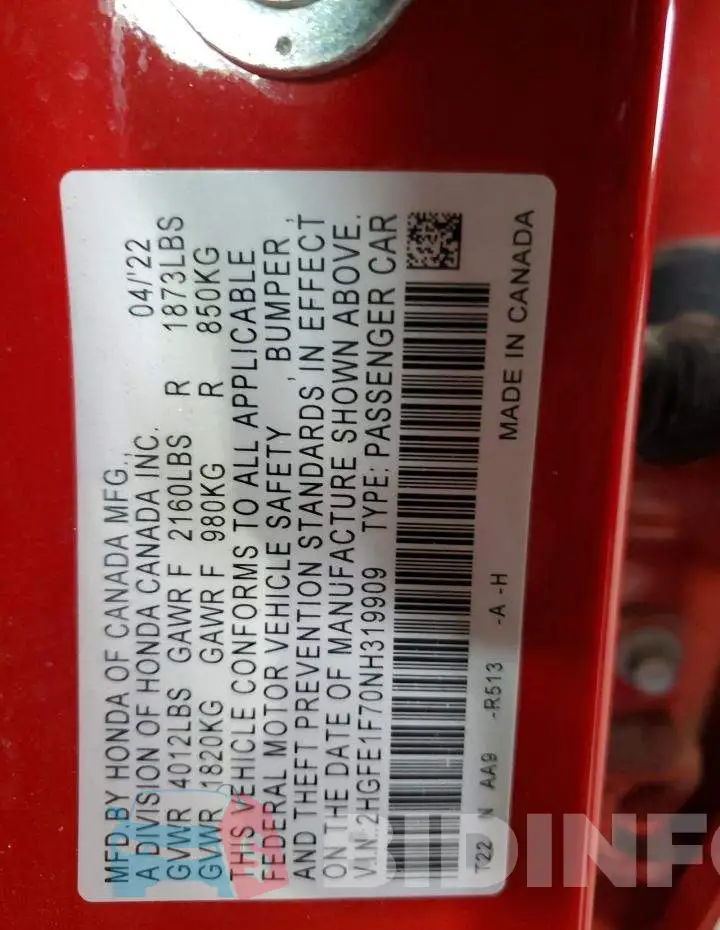 2HGFE1F70NH319909 Photo# 13