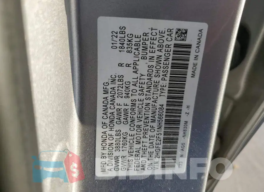 2HGFE2F51NH566084 Photo# 12