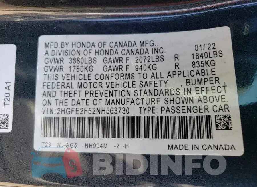 2HGFE2F52NH563730 Photo# 13