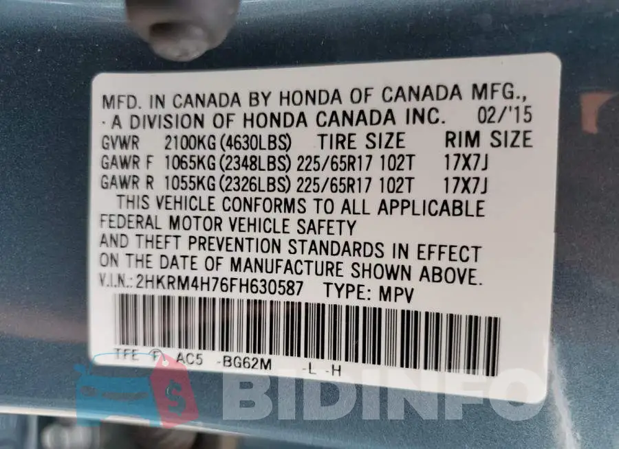 2HKRM4H76FH630587 Photo# 14