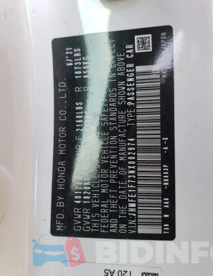 JHMFE1F73NX002974 Photo# 12