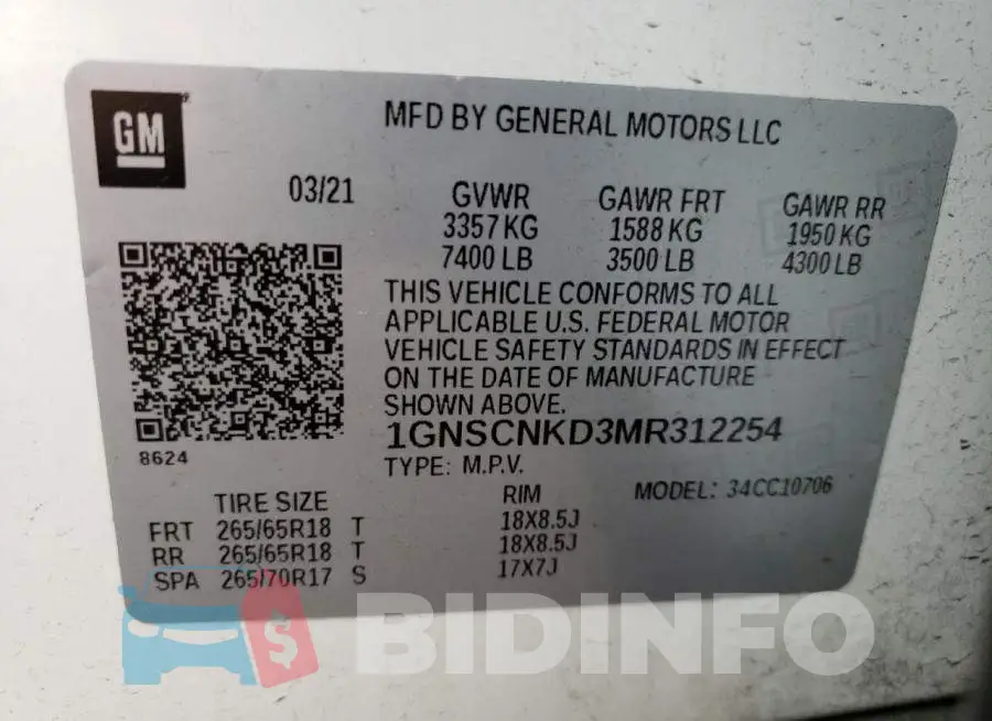 1GNSCNKD3MR312254 Photo# 13