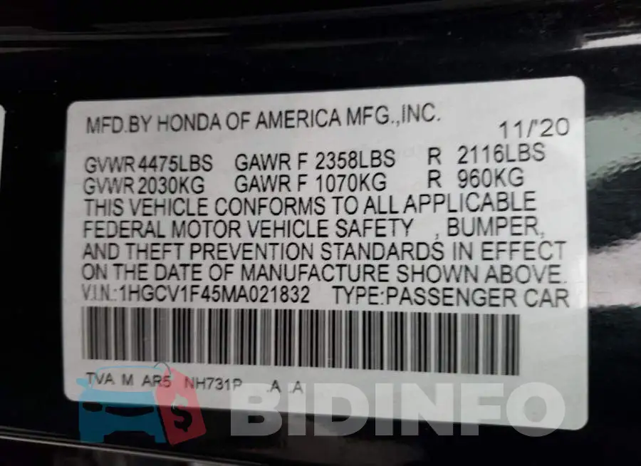 1HGCV1F45MA021832 Photo# 12
