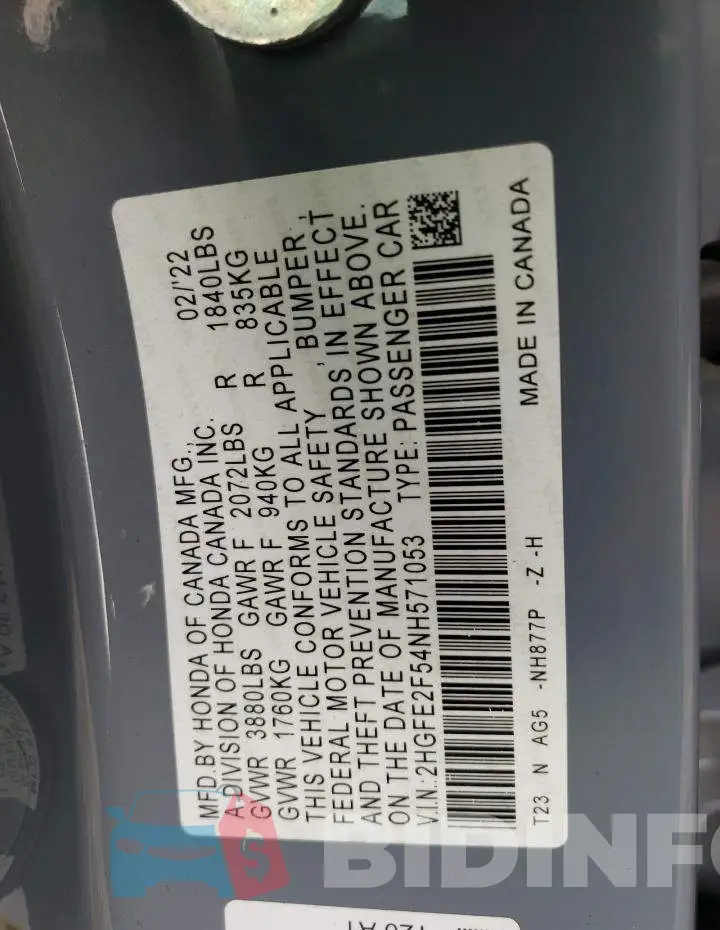 2HGFE2F54NH571053 Photo# 10