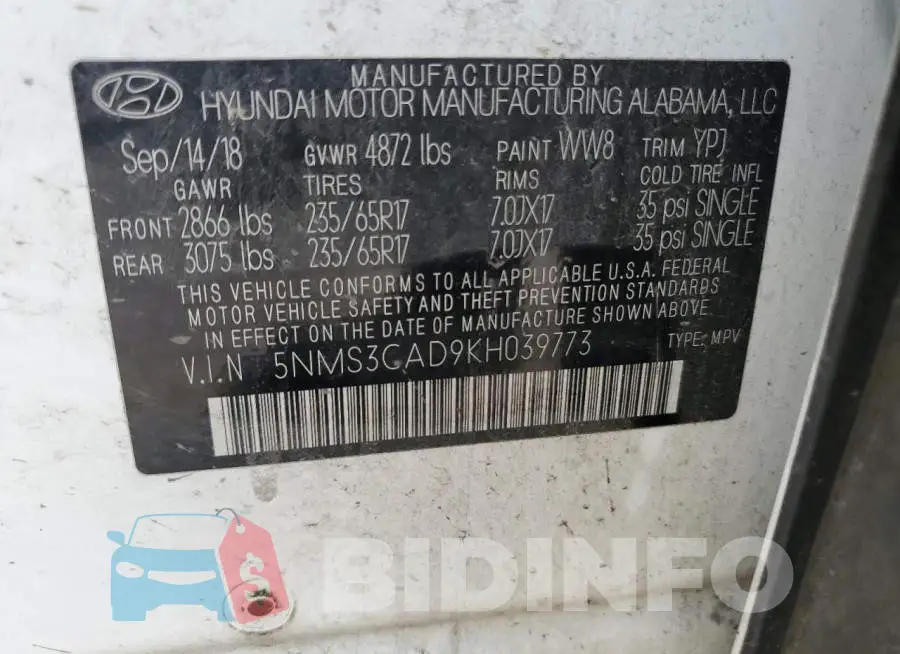 5NMS3CAD9KH039773 Photo# 13