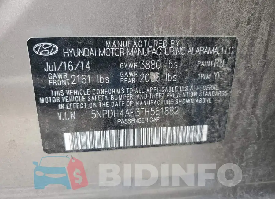 5NPDH4AE3FH561882 Photo# 12