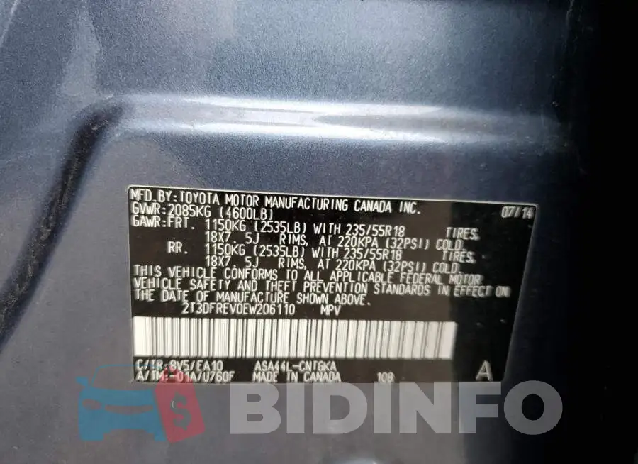 2T3DFREV0EW206110 Photo# 13