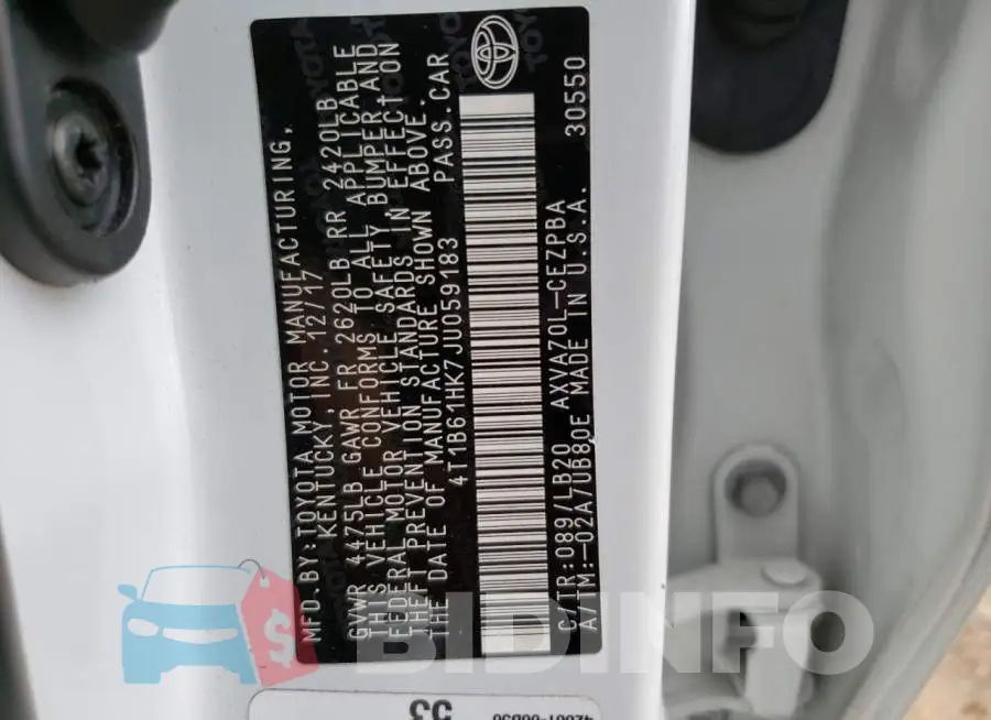 4T1B61HK7JU059183 Photo# 12