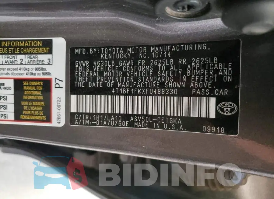 4T1BF1FKXFU488330 Photo# 12