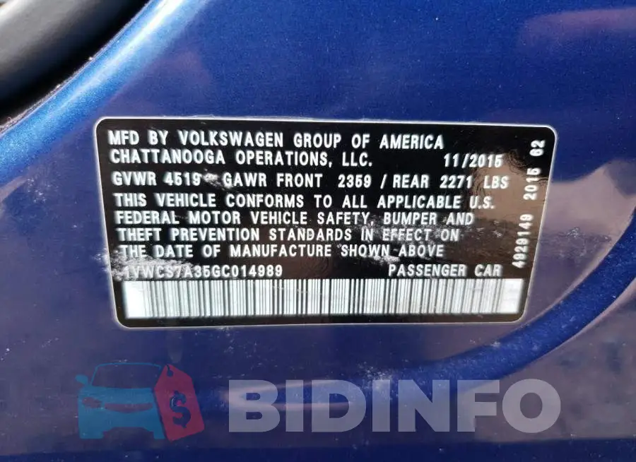 1VWCS7A35GC014989 Photo# 12