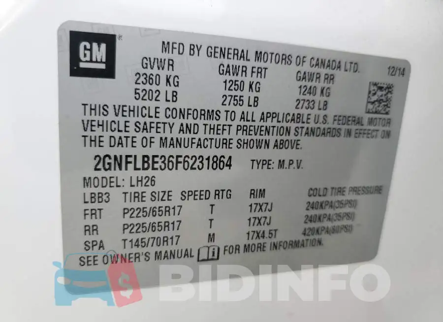 2GNFLBE36F6231864 Photo# 13