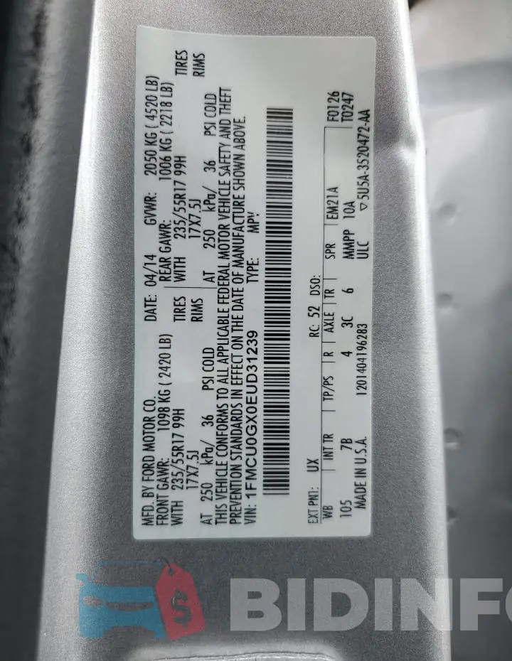 1FMCU0GX0EUD31239 Photo# 13
