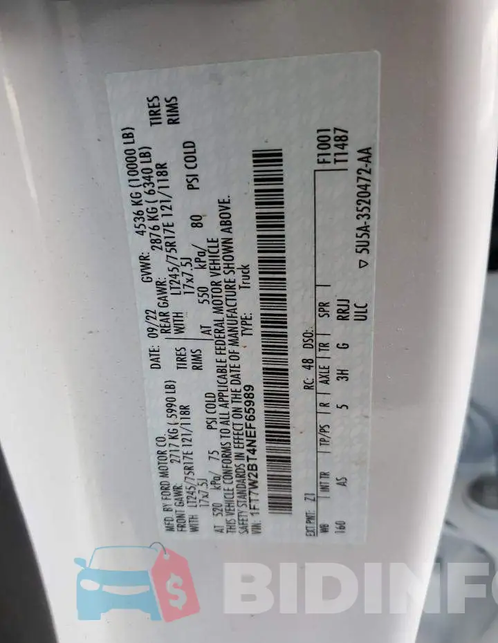 1FT7W2BT4NEF65989 Photo# 12