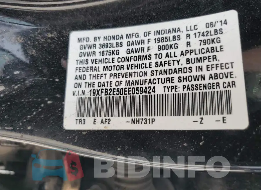 19XFB2E50EE059424 Photo# 12