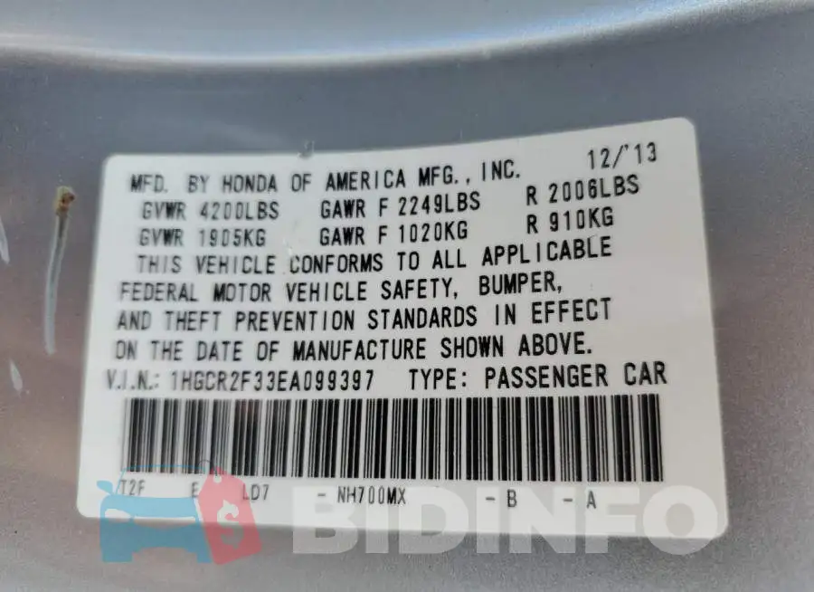 1HGCR2F33EA099397 Photo# 12