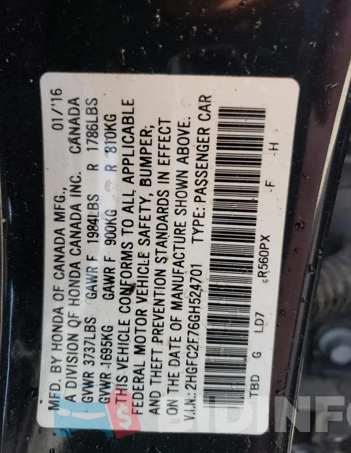 2HGFC2F76GH524701 Photo# 12