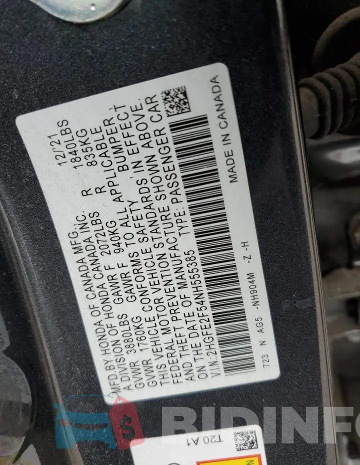 2HGFE2F54NH555385 Photo# 12