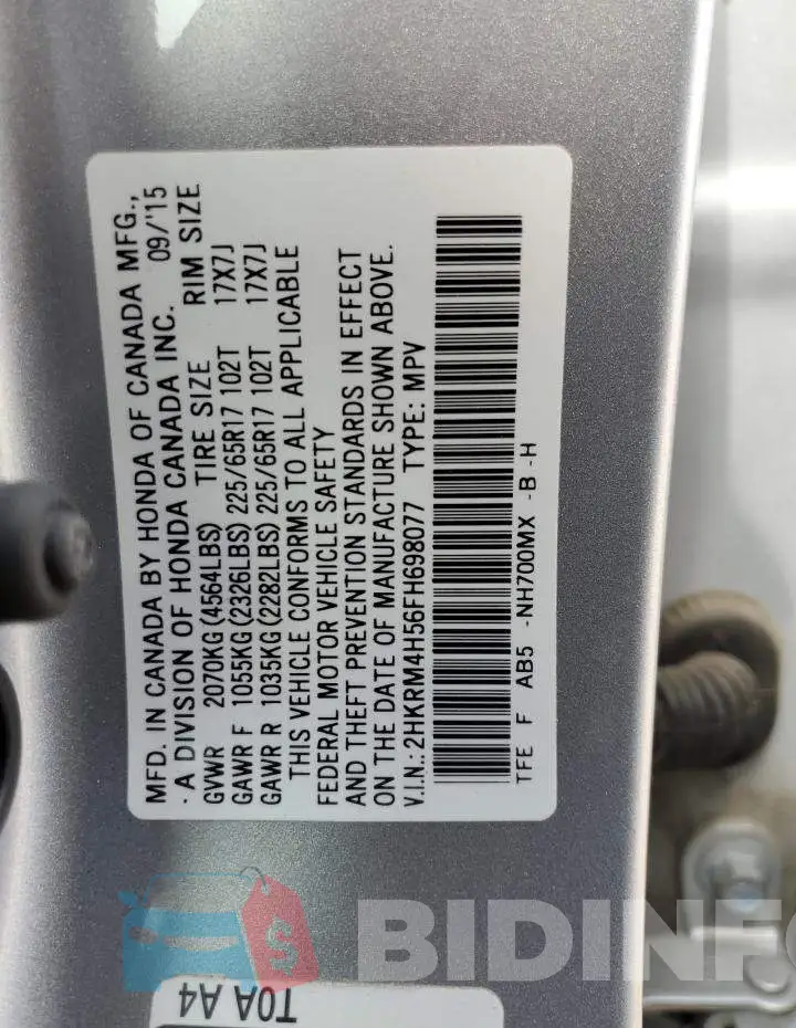 2HKRM4H56FH698077 Photo# 12