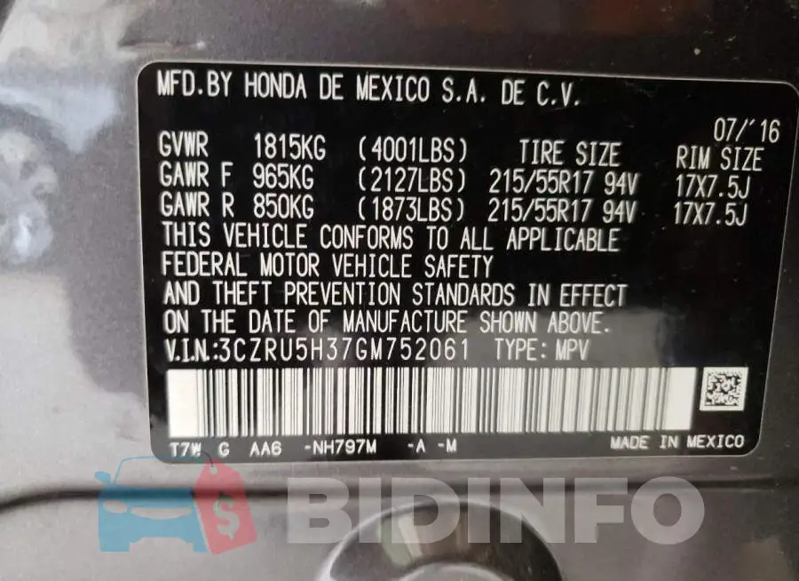3CZRU5H37GM752061 Photo# 13