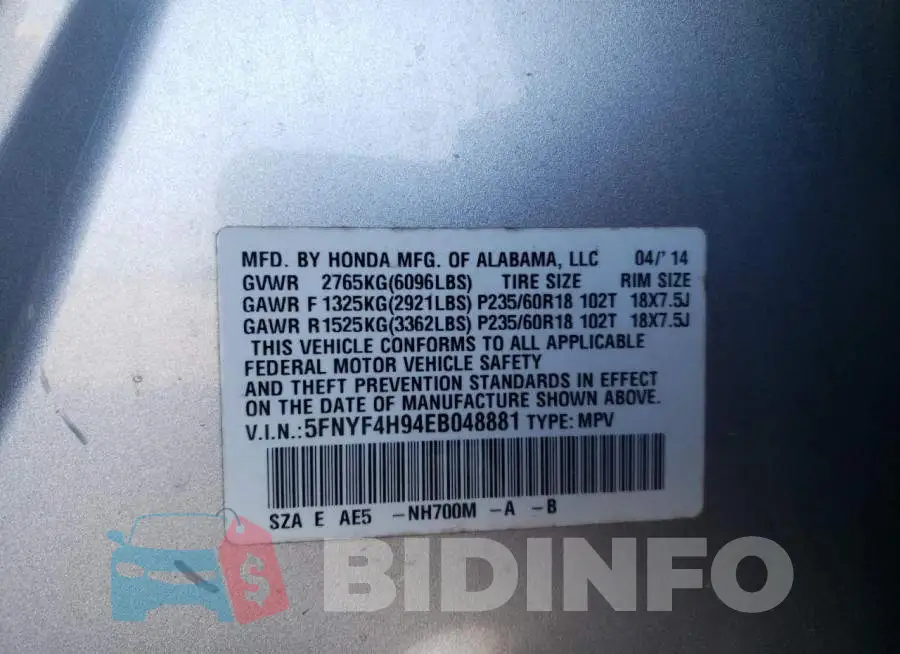 5FNYF4H94EB048881 Photo# 13