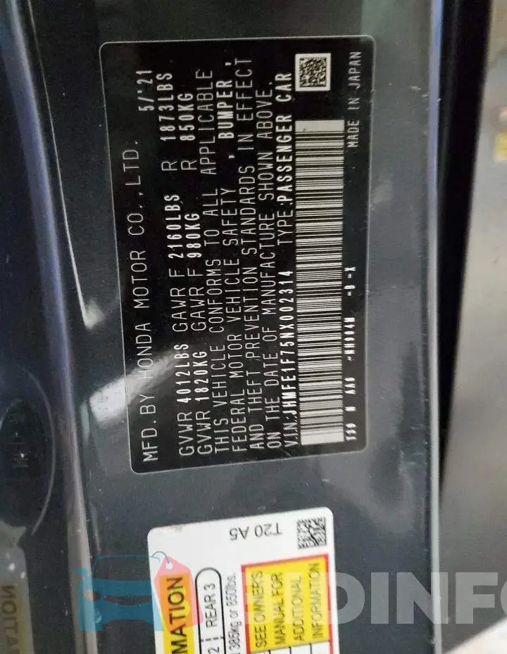 JHMFE1F75NX002314 Photo# 13