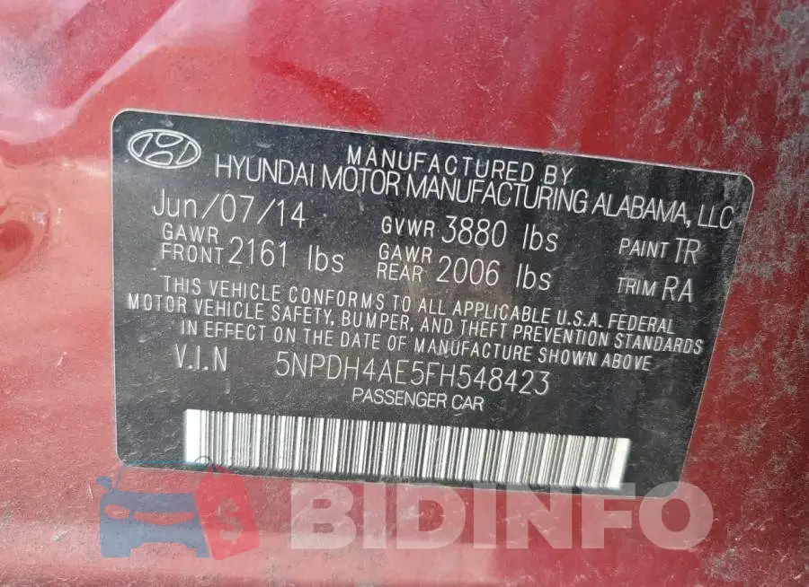 5NPDH4AE5FH548423 Photo# 12