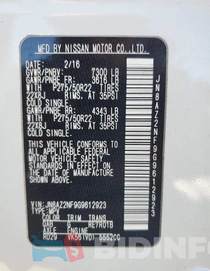 JN8AZ2NF9G9612923 Photo# 14