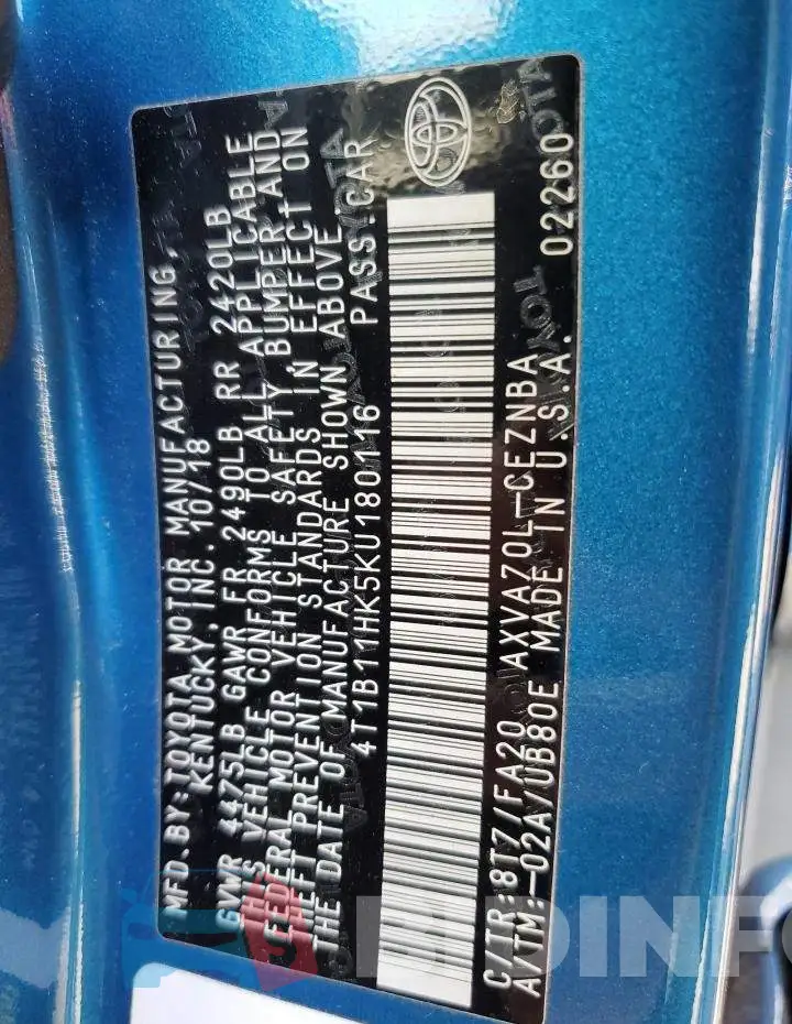 4T1B11HK5KU180116 Photo# 12