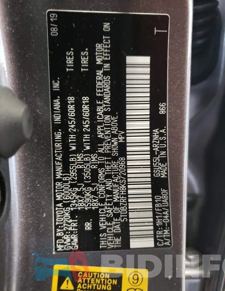 5TDBZRFH8KS720968 Photo# 12