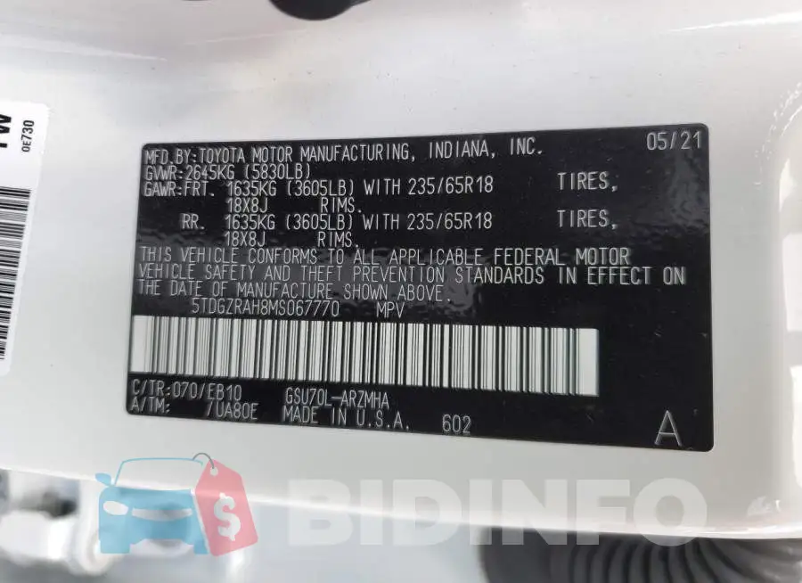 5TDGZRAH8MS067770 Photo# 13