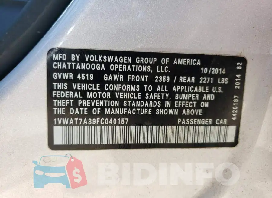 1VWAT7A39FC040157 Photo# 12