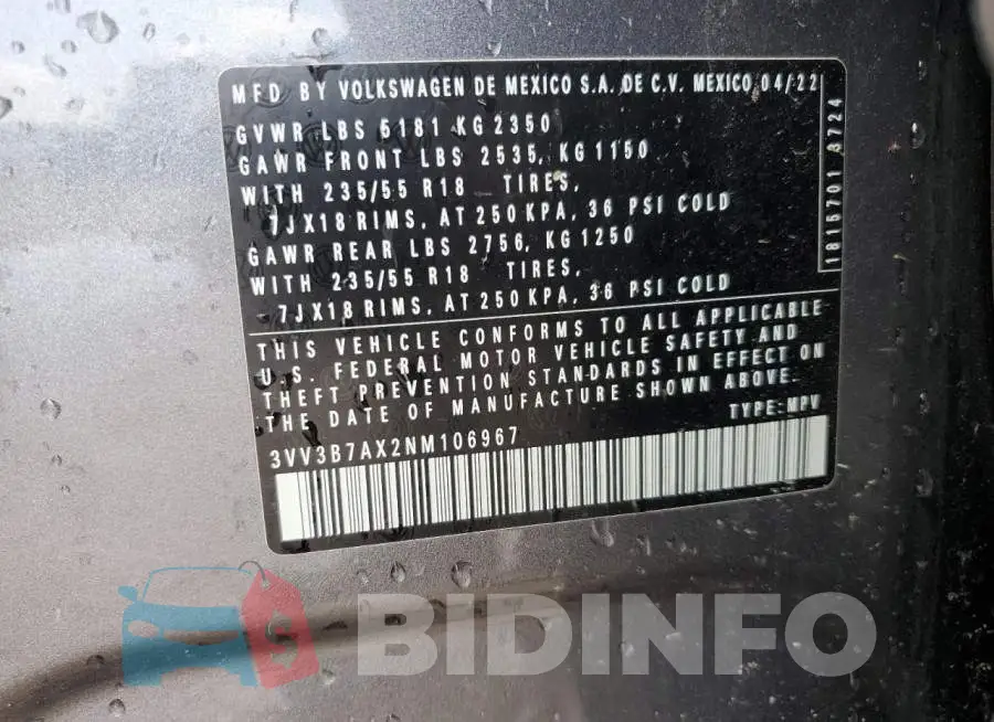3VV3B7AX2NM106967 Photo# 13