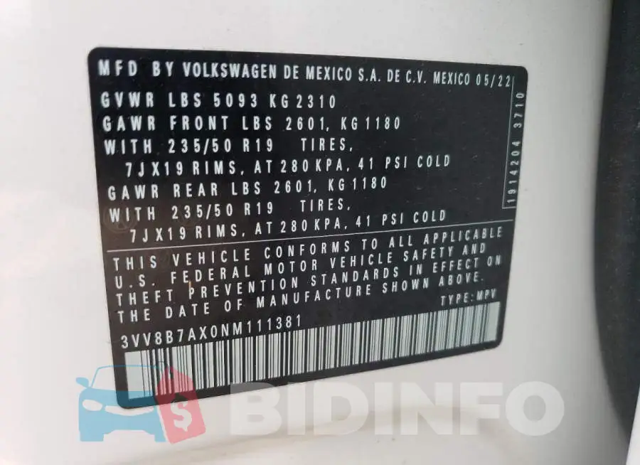 3VV8B7AX0NM111381 Photo# 13