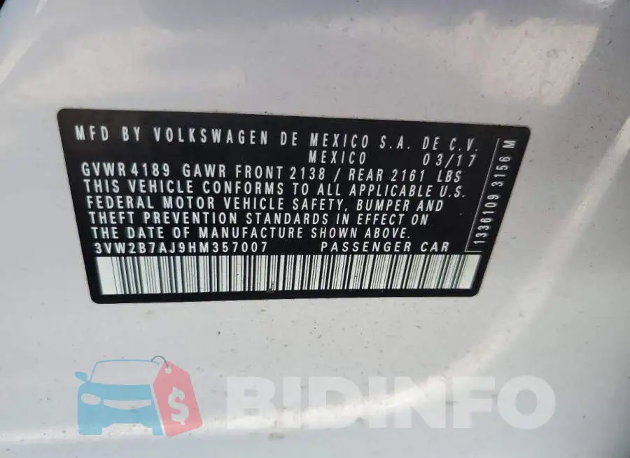 3VW2B7AJ9HM357007 Photo# 12